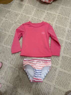 Prodoh Baby Girls Pink Long-Sleeve Rashguard with Striped Swim Bottoms